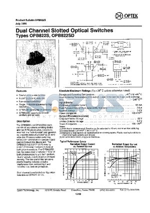 OPB822S datasheet - DUAL CHANNEL SLOTTED OPTICAL SWITCHES