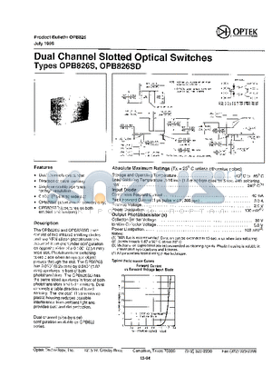 OPB826S datasheet - Dual Channel Slotted Optical Switches