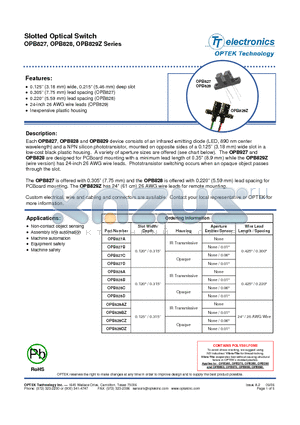 OPB827A datasheet - SLOTTED OPTICAL SWITCHES