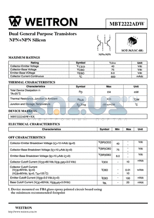 MBT2222ADW datasheet - Dual General Purpose Transistors