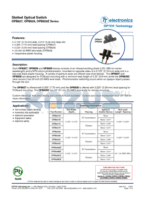 OPB828A datasheet - SLOTTED OPTICAL SWITCHES