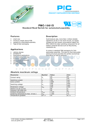 PMC-1001S1015 datasheet - Standard Reed Switch for automated assembly