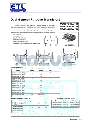 MBT3904DW1T1 datasheet - Dual General Purpose Transistors