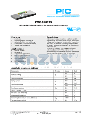 PMC-0701TS1015 datasheet - Micro-SMD-Reed Switch for automated assembly