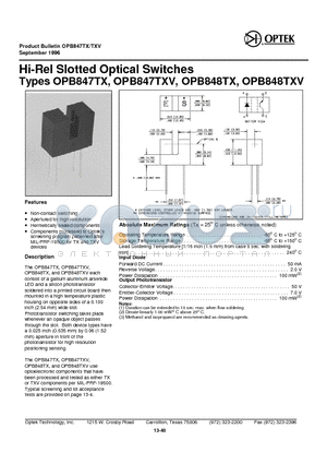 OPB847TX datasheet - Hi-Rel Slotted Optical Switches