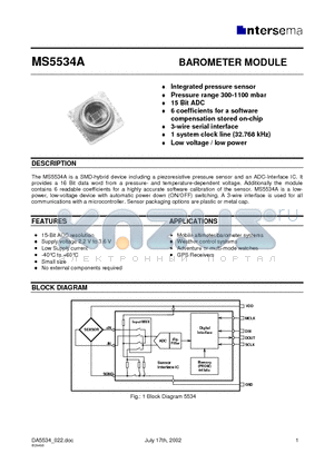 MS5534AM datasheet - BAROMETER MODULE