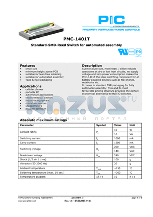 PMC-1401T datasheet - Standard-SMD-Reed Switch for automated assembly