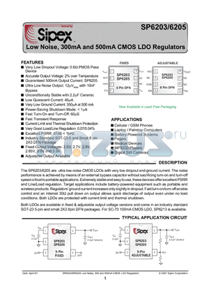 SP6203EM5-2-5/TR datasheet - Low Noise, 300mA and 500mA CMOS LDO Regulators