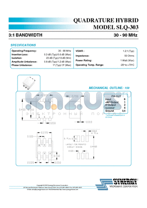 SLQ-303 datasheet - QUADRATURE HYBRID 3:1 BANDWIDTH 30 - 90 MHz