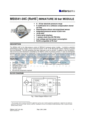 MS5541-30CM datasheet - MINIATURE 30 bar MODULE