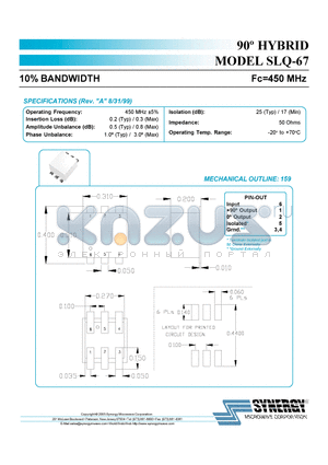 SLQ-67 datasheet - 90j HYBRID 10% BANDWIDTH Fc=450 MHz