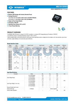 MBU111 datasheet - DC/DC CONVERTER 1W Miniature SIP-Package with Industry Standard Pinout