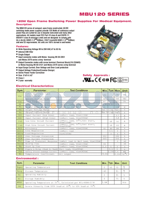 MBU120-102 datasheet - 120W Opne Frame Switching Power Supplies For Medical Equipment.