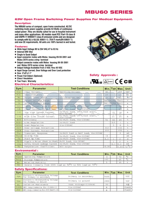 MBU60-101 datasheet - 63W Open Frame Switching Power Supplies For Medical Equipment.