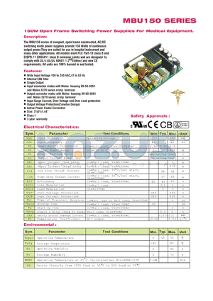 MBU150 datasheet - 150W Open Frame Switching Power Supplies For Medical Equipment.