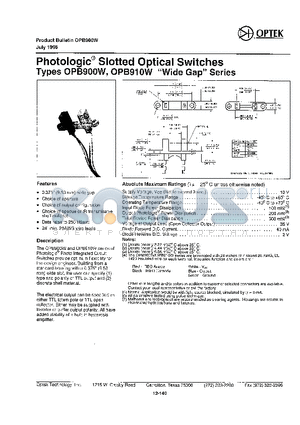 OPB910W datasheet - Photologic Slotted Optical Switches