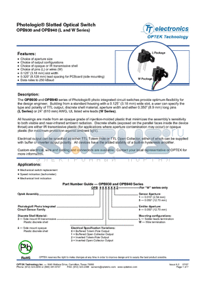 OPB937 datasheet - Photologic^ Slotted Optical Switch