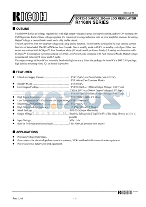 R1160N101B-TR datasheet - SOT23-5 3-MODE 200mA LDO REGULATOR