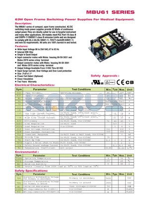 MBU61 datasheet - 63W Opne Frame Switching Power Supplies For Medical Equipment.