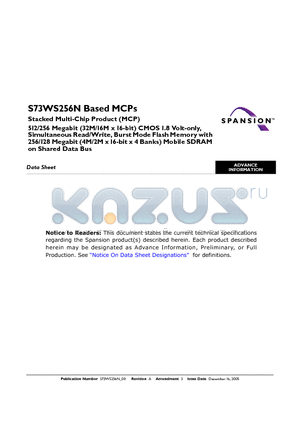 S73WS256NDEBAWTB3 datasheet - Stacked Multi-Chip Product (MCP)