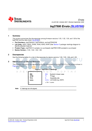 SLUS785D datasheet - bq27500 Errata (SLUS785)