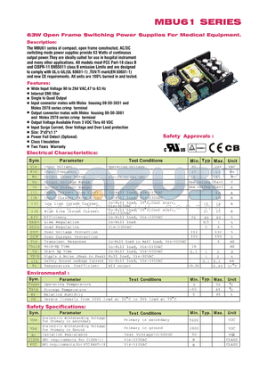 MBU61-104 datasheet - 63W Opne Frame Switching Power Supplies For Medical Equipment.