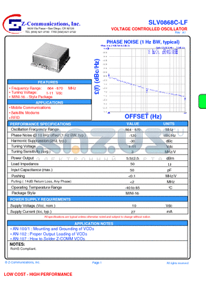 SLV0868C-LF datasheet - VOLTAGE CONTROLLED OSCILLATOR