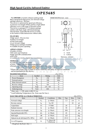 OPE5685 datasheet - High Speed GaAlAs Infrared Emitter