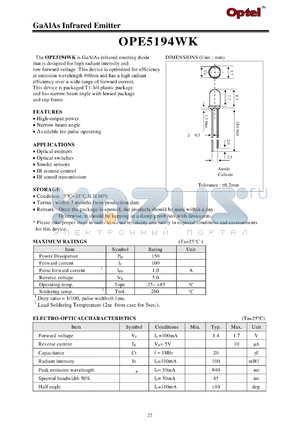 OPE5194WK datasheet - GAAIAS INFRARED EMITTER