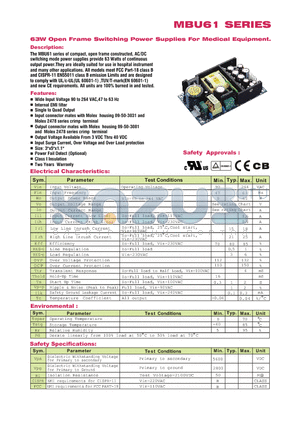 MBU61-107 datasheet - 63W Open Frame Switching Power Supplies For Medical Equipment.