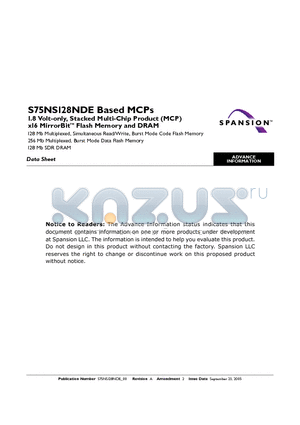 S75NS128NDEZFWNJ0 datasheet - 1.8 Volt-only, Stacked Multi-Chip Product (MCP) x16 MirrorBit Flash Memory and DRAM