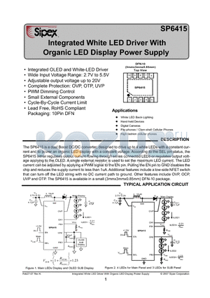 SP6415 datasheet - Integrated White LED Driver With Organic LED Display Power Supply