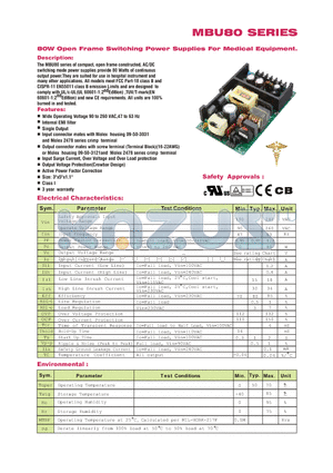 MBU80-105 datasheet - 80W Open Frame Switching Power Supplies For Medical Equipment.