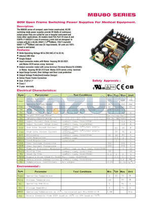 MBU80-106 datasheet - 80W Open Frame Switching Power Supplies For Medical Equipment.