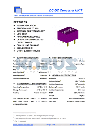 MBUS-4805 datasheet - DC-DC Converter UNIT 1.25 W UNREGULATED DC-DC CONVERTER