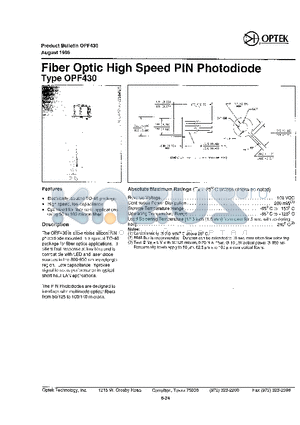 OPF430 datasheet - Fiber Optic High Speed PIN Photodiode