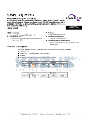 S75PL127JBFBFWB3 datasheet - Power supply woltage of 2.7 to 3.1 volt