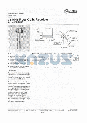 OPF540 datasheet - 25MHz Fiber Optic Receiver