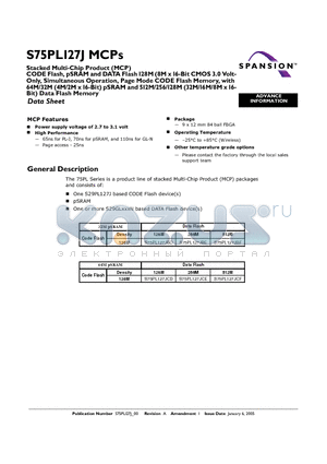 S75PL127JBFBFWU0 datasheet - Power supply woltage of 2.7 to 3.1 volt