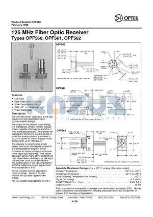 OPF561 datasheet - 125 MHz Fiber Optic Receiver