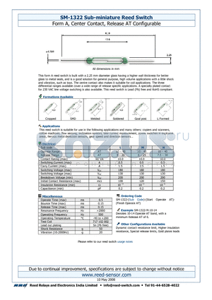 SM-1322-H datasheet - Sub-miniature Reed Switch