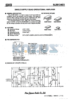 NJM13403D1 datasheet - SINGLE SUPPRY QUAD OPERATIONAL AMPLIFIER