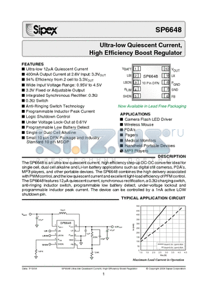 SP6648EU/TR datasheet - Ultra-low Quiescent Current, High Efficiency Boost Regulator