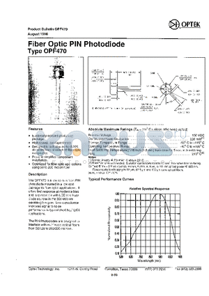 OPF470 datasheet - Fiber Optic PIN Photodiode