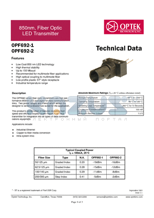 OPF692-2 datasheet - 850nm, Fiber Optic LED Transmitter