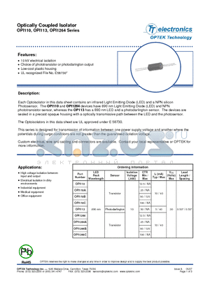OPI113 datasheet - Optically Coupled Isolator
