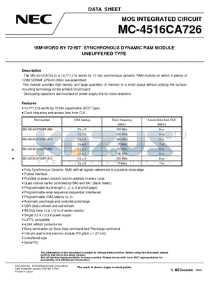 MC-4516CA726EF-A80 datasheet - 16M-WORD BY 72-BIT SYNCHRONOUS DYNAMIC RAM MODULE UNBUFFERED TYPE