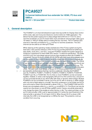 PCA9527 datasheet - 3-channel bidirectional bus extender for HDMI, I2C-bus and SMBus