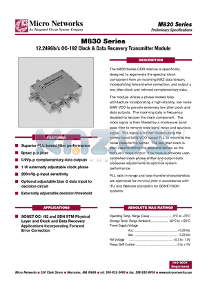 M830D datasheet - 12.249Gb/s OC-192 Clock & Data Recovery Transmitter Module