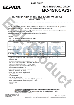 MC-4516CA727 datasheet - 16M-WORD BY 72-BIT SYNCHRONOUS DYNAMIC RAM MODULE UNBUFFERED TYPE